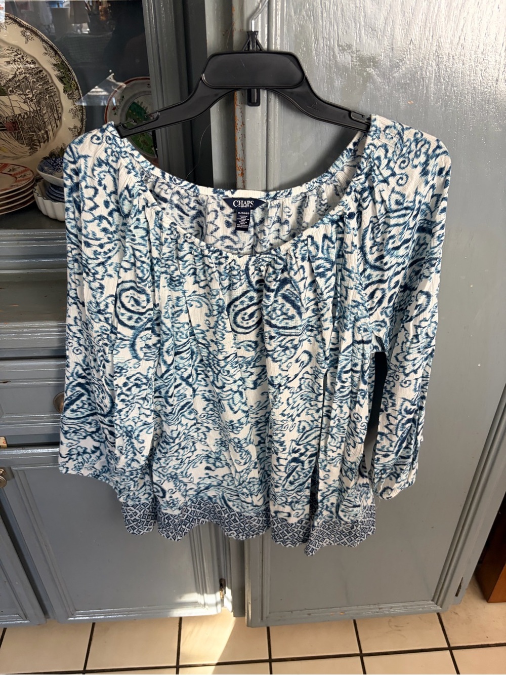 Chaps White and Blue Paisley Peasant Top